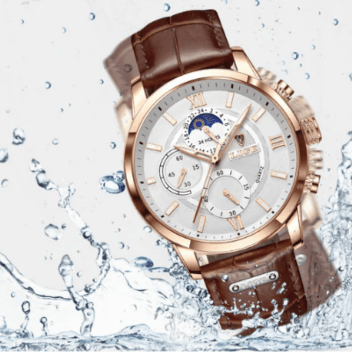 Rudolf™ Napoli Classic Watch by Emma & Rose Manhattan featuring a round white dial and leather strap on a wrist.