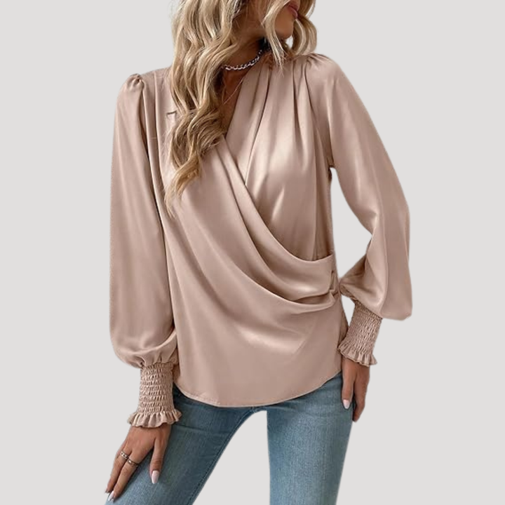 Elegant Women's Wrap Blouse with Puff Sleeves