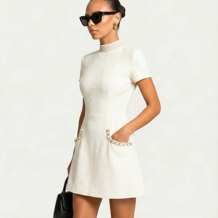 Women's Elegant Mini Cocktail Dress with Pearl Trim
