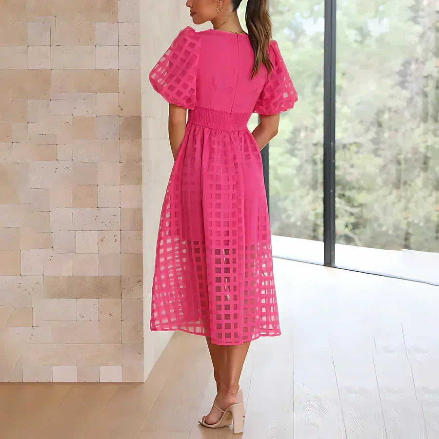 Caelis Midi Dress with Puff Sleeves in Classic Pattern, view 2 - Elena Harper
