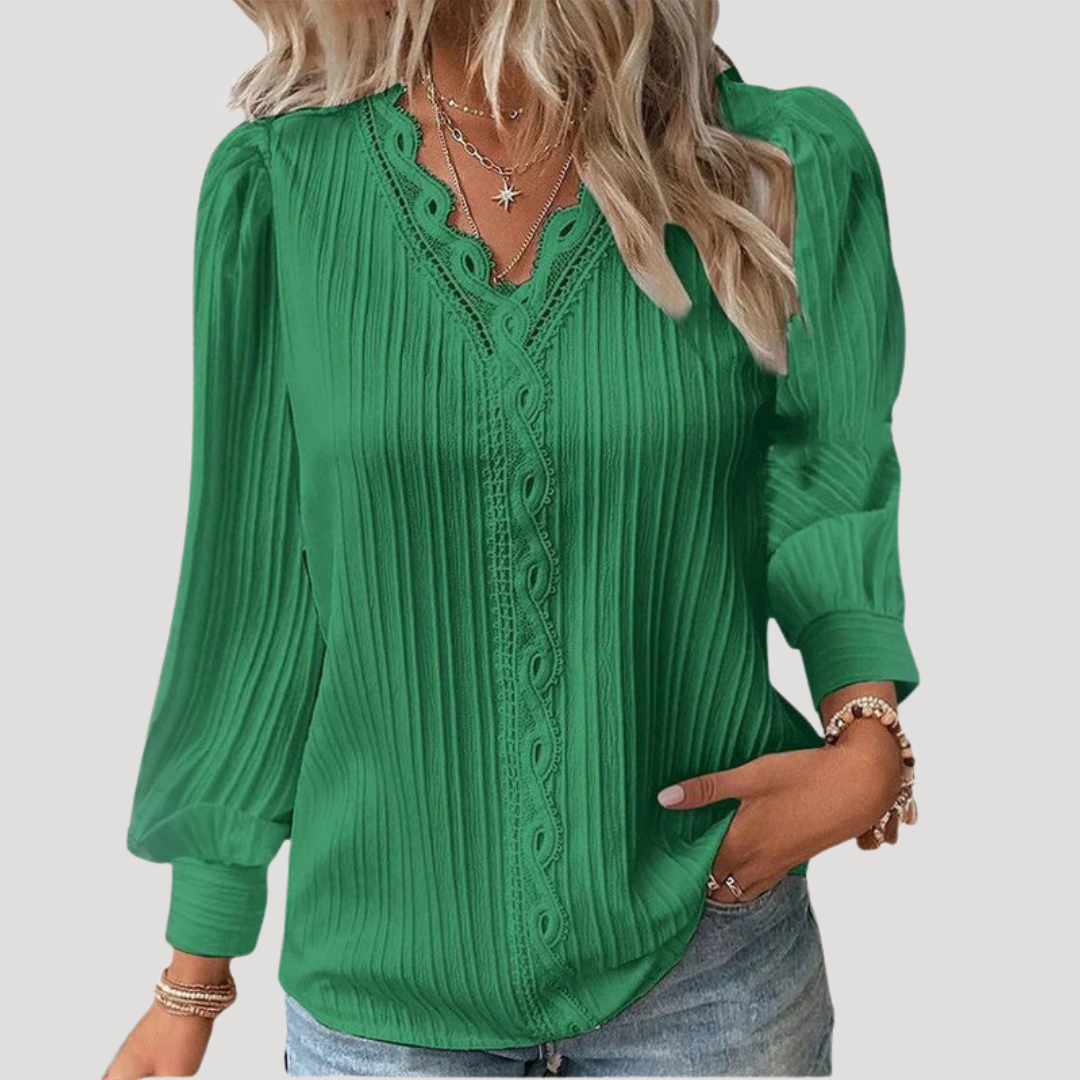 Elegant Women's Pleated Lace V-Neck Blouse