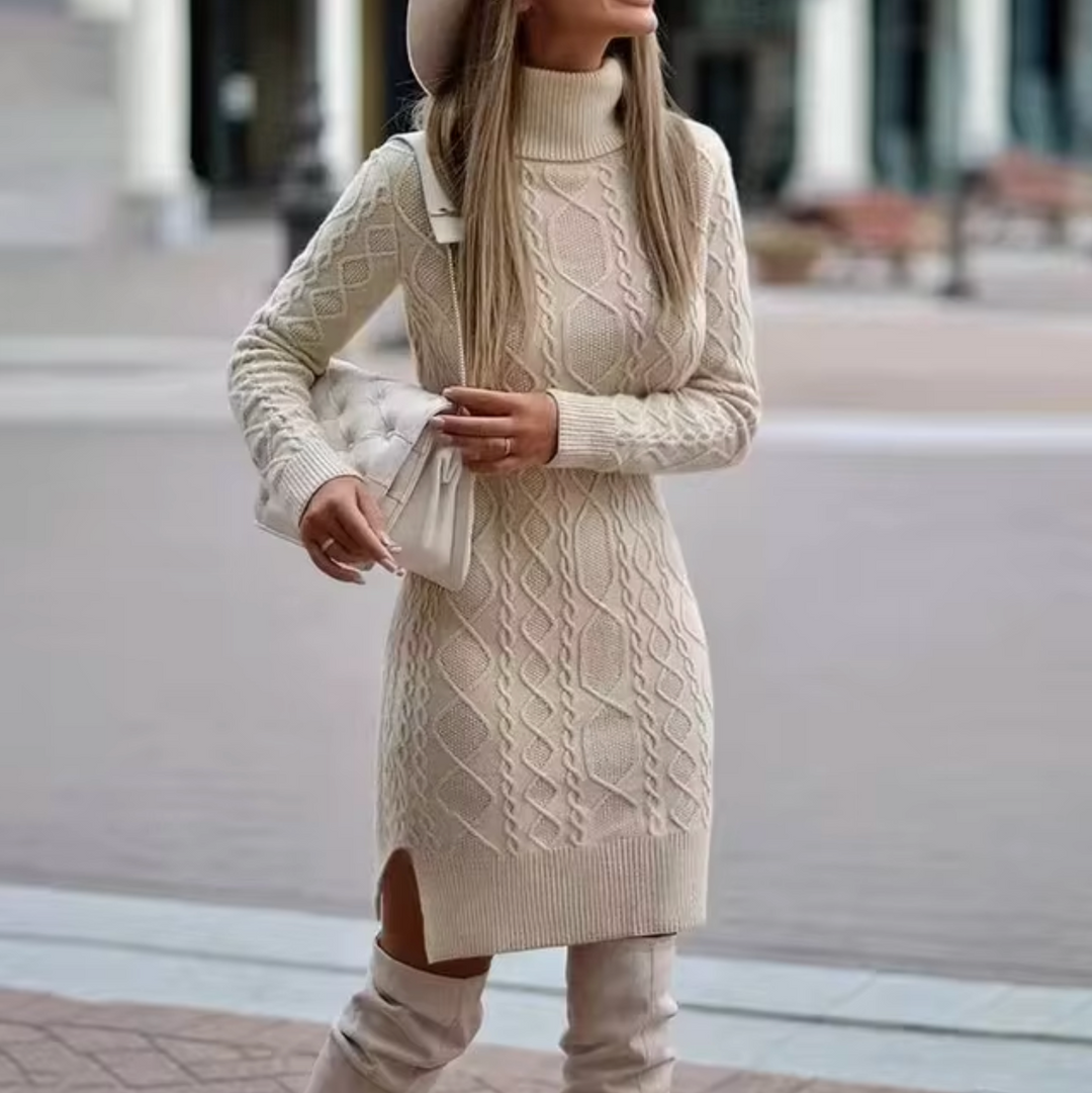 Women's Cable-Knit Turtleneck Sweater Dress with Side Slit