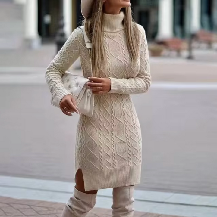 Women's Cable-Knit Turtleneck Sweater Dress with Side Slit