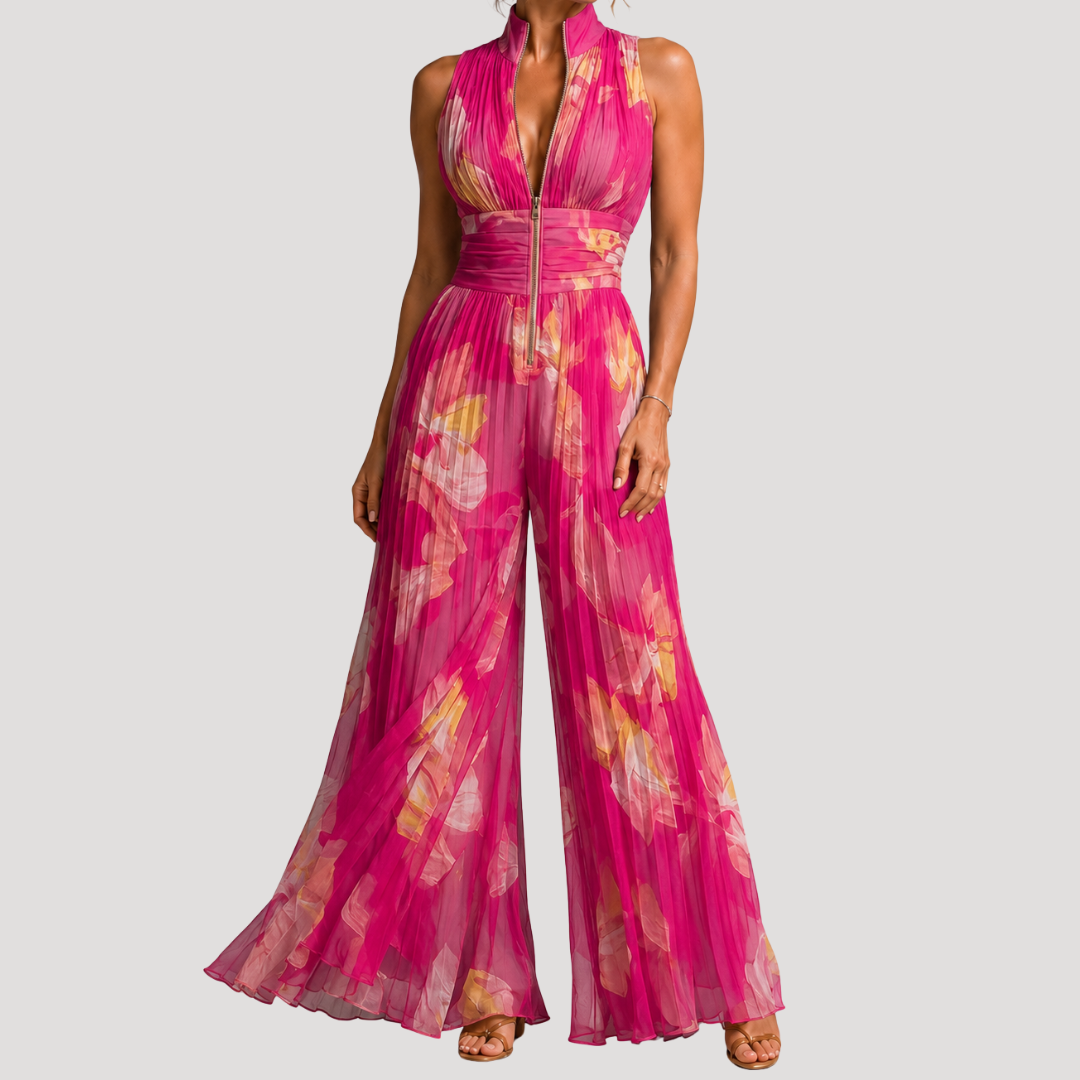 Floral Women's Jumpsuit with Wide Pants and Open Back