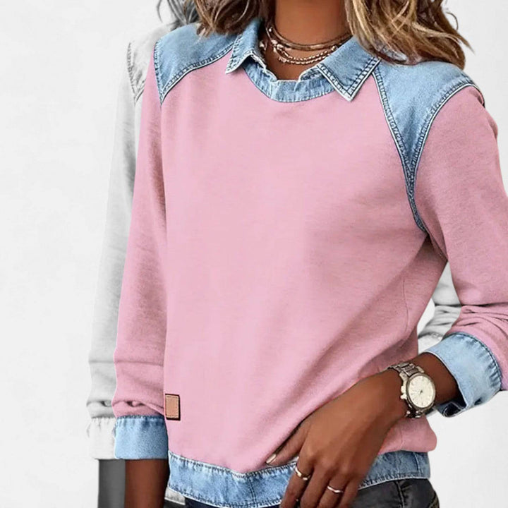 Zailah™ sophisticated sweater blouse by Emma & Rose Cape Town, featuring a stylish, fitted design with a high neckline and soft fabric.