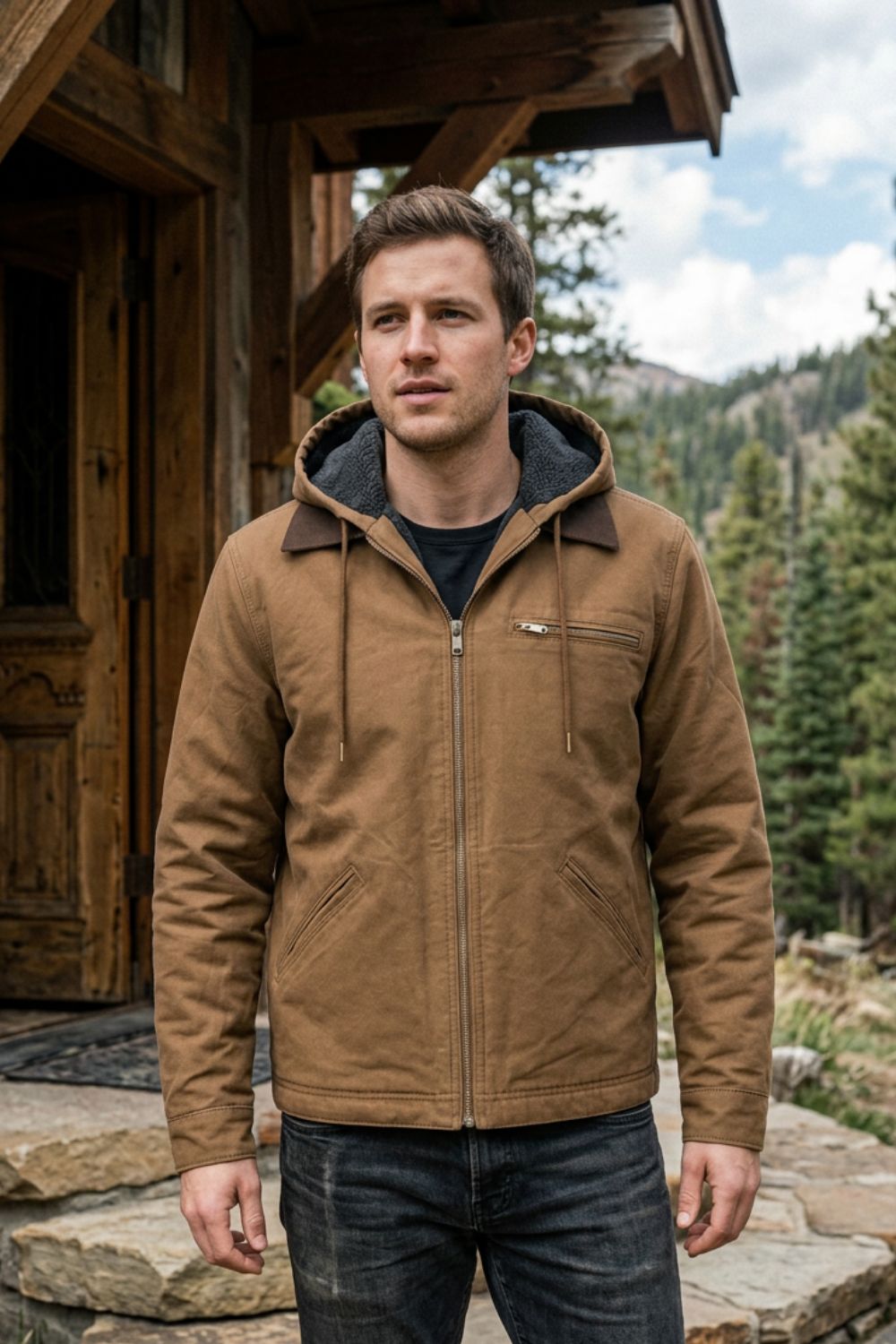 Men's Casual Jacket with Hood Contrast Lining & Zipper, view 4 - Elena Harper