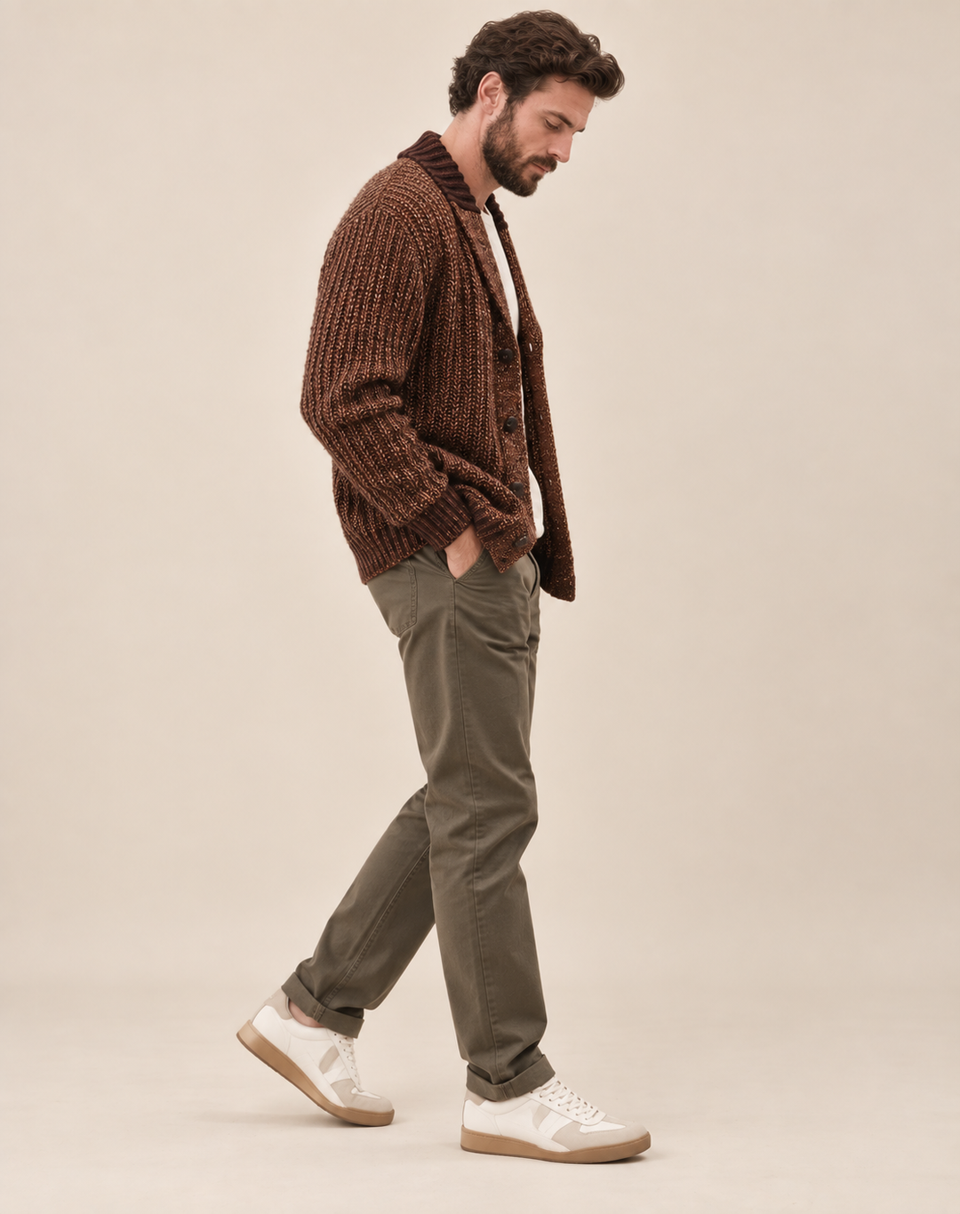 Men's Robust Knitted Cardigan with Shawl Collar and Buttons