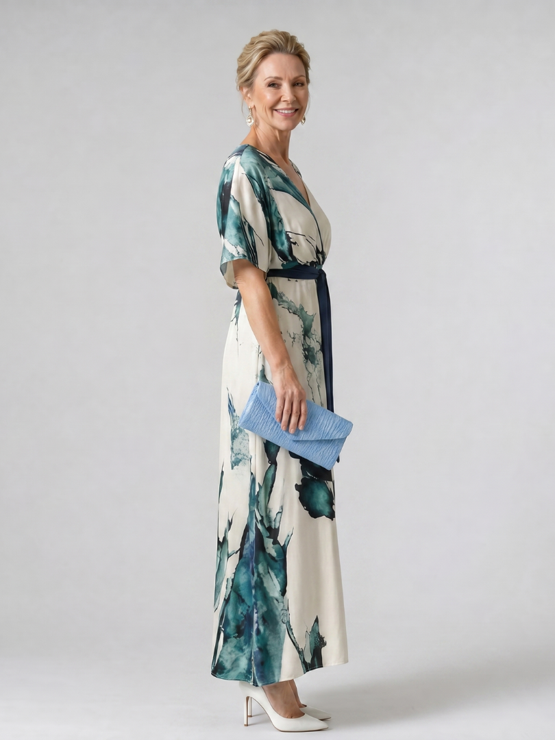 Women's Abstract Belted Flutter Sleeve Maxi Dress
