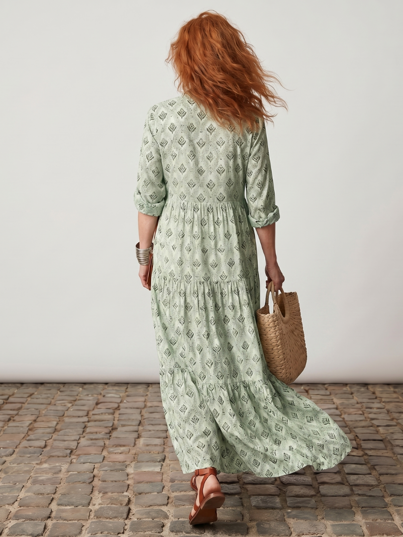 Women's Notch Neck Printed Long Sleeve Maxi Dress, view 4 - Elena Harper