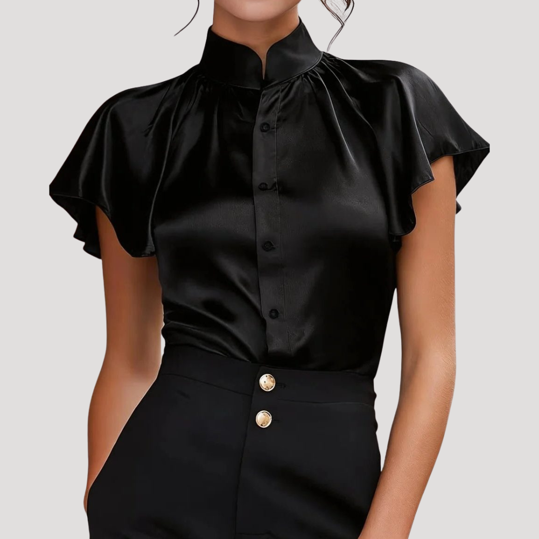 Elegant Satin Blouse for Women with Ruffled Collar and Sleeves