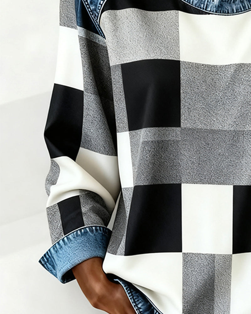 Oriane Sweatshirt with Checkered Patchwork and Contrasting Color, view 2 - Elena Harper