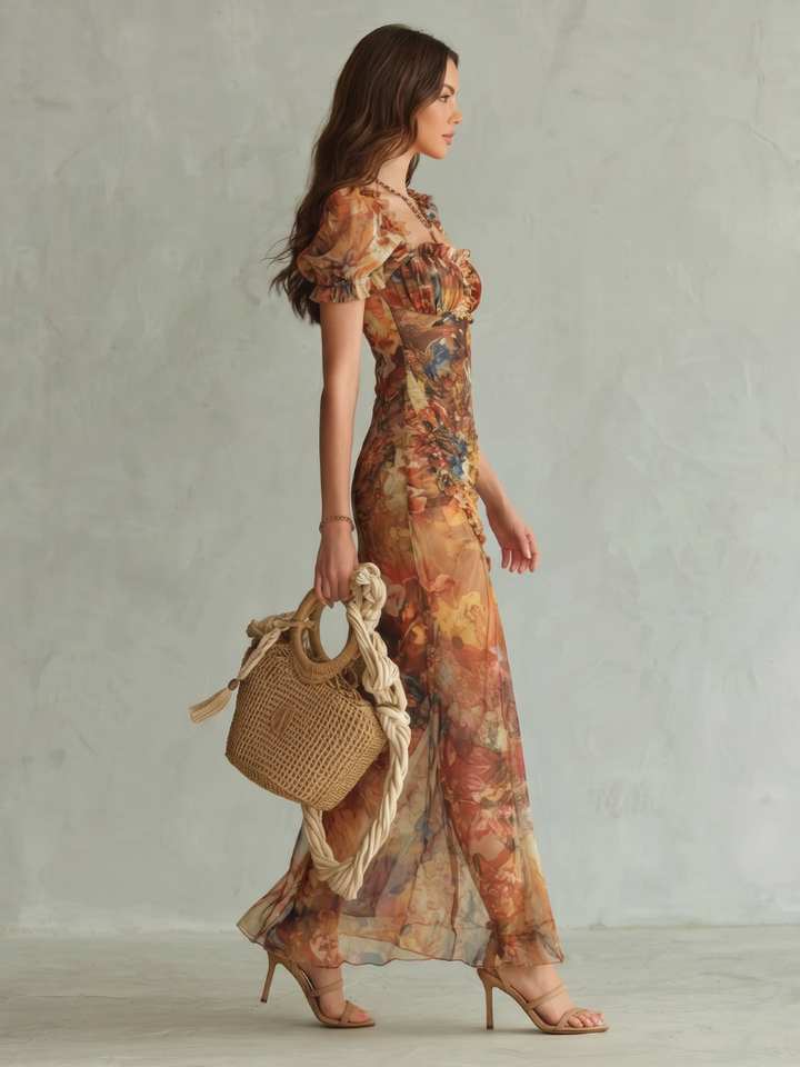 Ciel Ruffled Sleeve Ruched Slit Midi Dress - Elena Harper