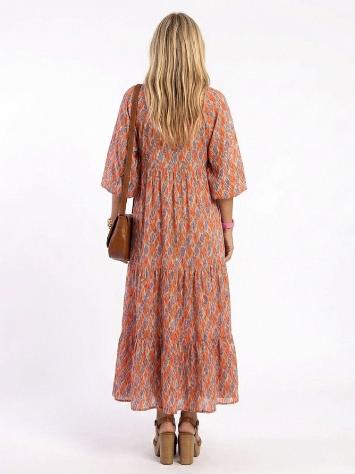 Amara Geometric Print V Neck Tiered Midi Dress - Elena Harper