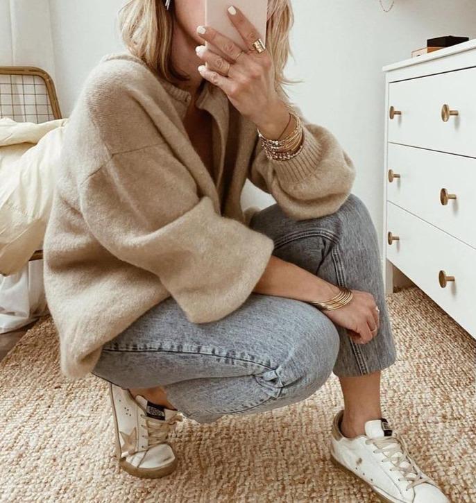 Women's Beige Button-Up Cardigan with Ribbed Trim