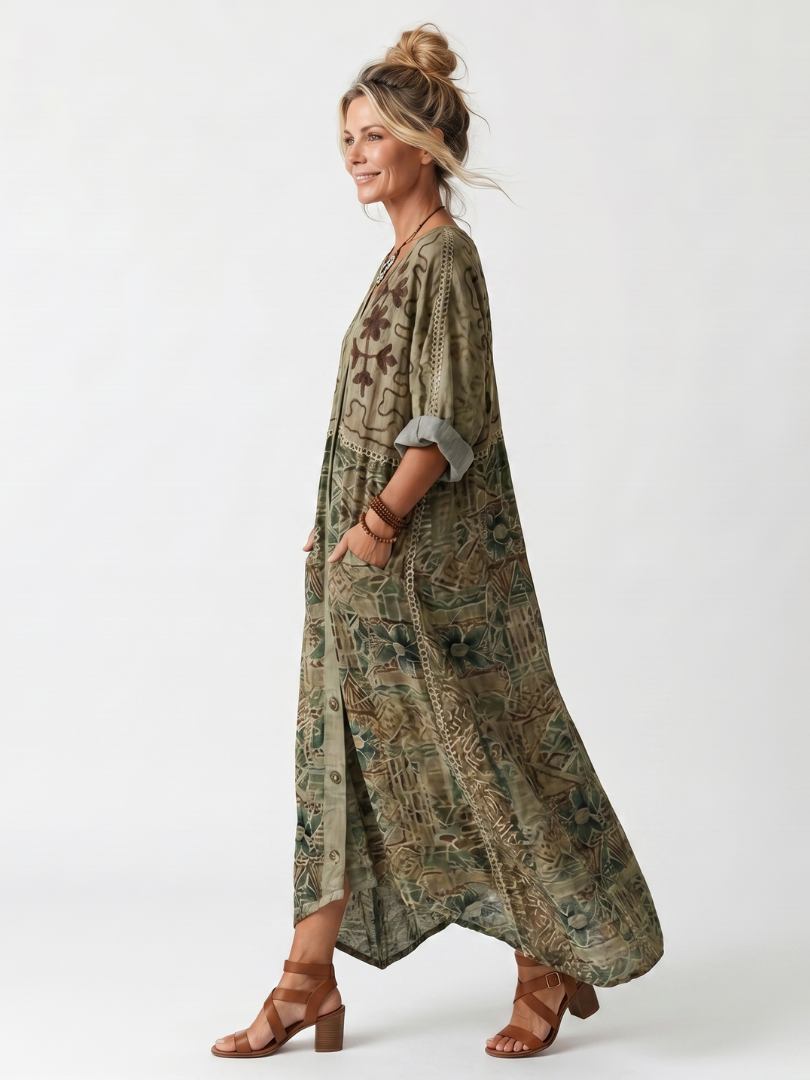 Glyfaith Printed Maxi Dress with Button Placket and Pockets, view 2 - Elena Harper