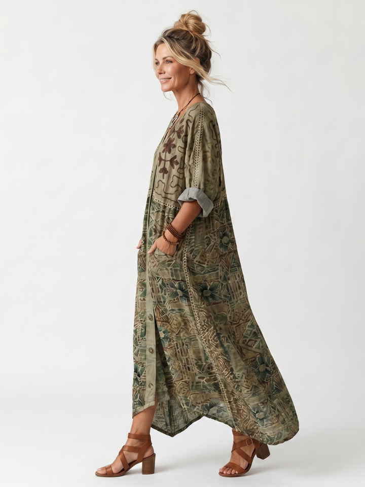 Glyfaith Printed Maxi Dress with Button Placket and Pockets, view 2 - Elena Harper