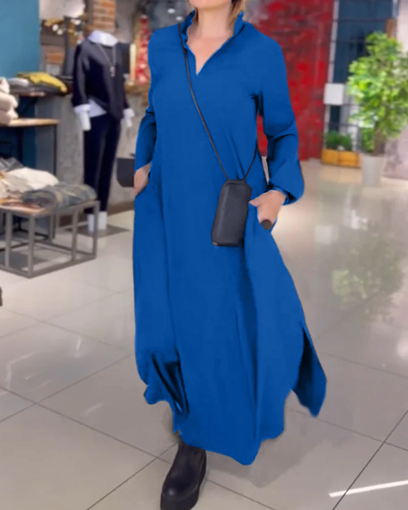 Long Soft Autumn Dress with Notched Collar and Side Slit