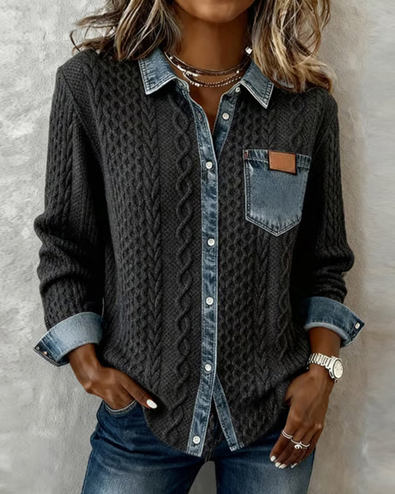Women's Cable Knit Button-Front Blouse Elegant Textured Top - Elena Harper