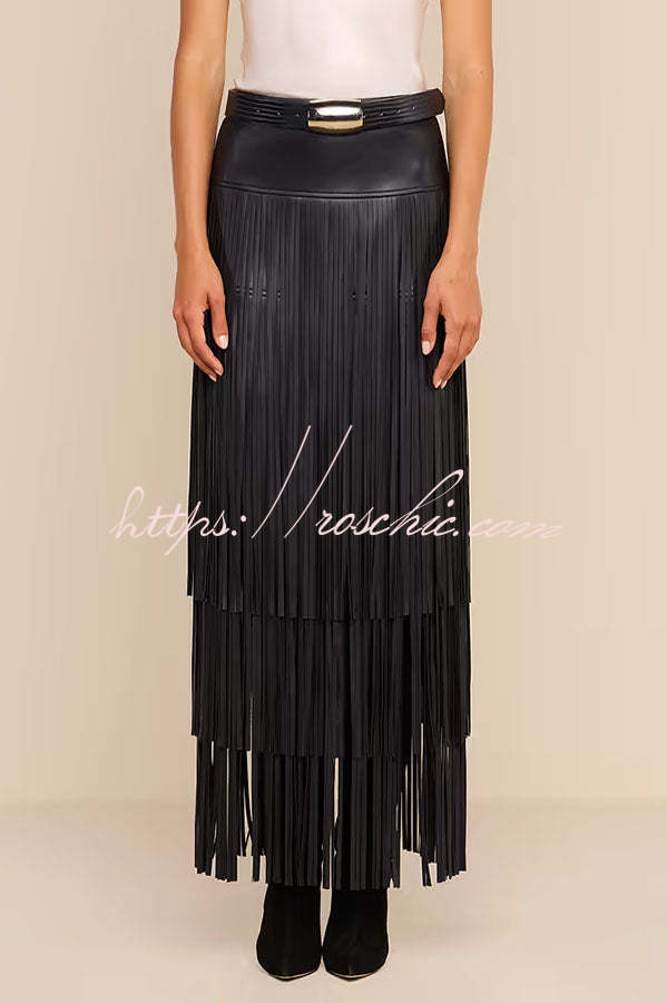Evie Faux Leather High Rise Three-layer Tassels Stretch Maxi Skirt