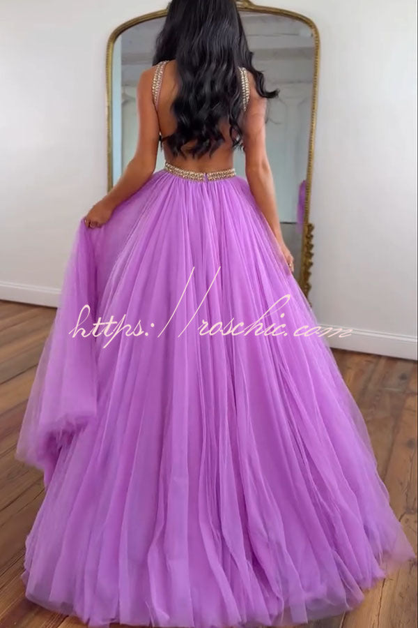 Egyptian Princess Tulle Metal and Gemstone Ornament Cutout Halter Backless Maxi Dress, view 10 - Elena Harper