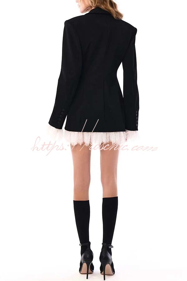 Cue The Chic Lace Trim Button Long Sleeve Lapel Blazer Mini Dress