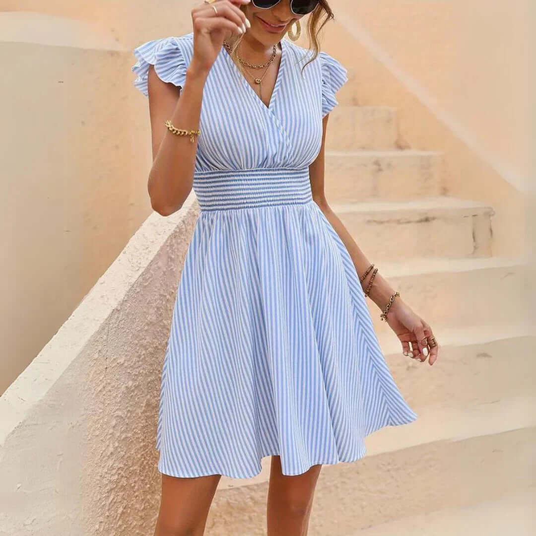 Striped Ruffle Sleeve Dress, view 2 - Elena Harper