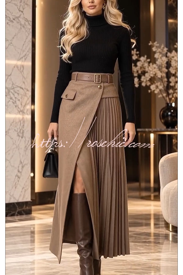 Distinctive Style High Rise Pocketed Pleated Hem Slit Maxi Skirt