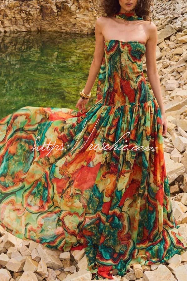 Vacay Vibes Colorful Lava Print Off Shoulder Smocked Scarf Maxi Dress