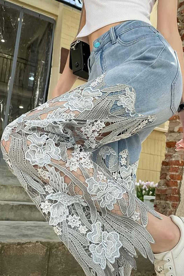 Elegant Lace Openwork Casual Pocket Straight Leg Jeans