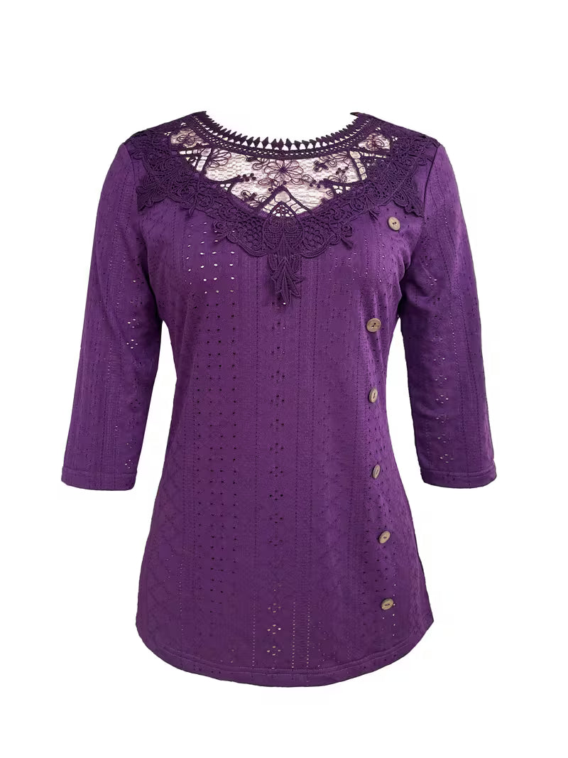Leyana Top with Contrasting Lace Decoration and Buttons, view 3 - Elena Harper