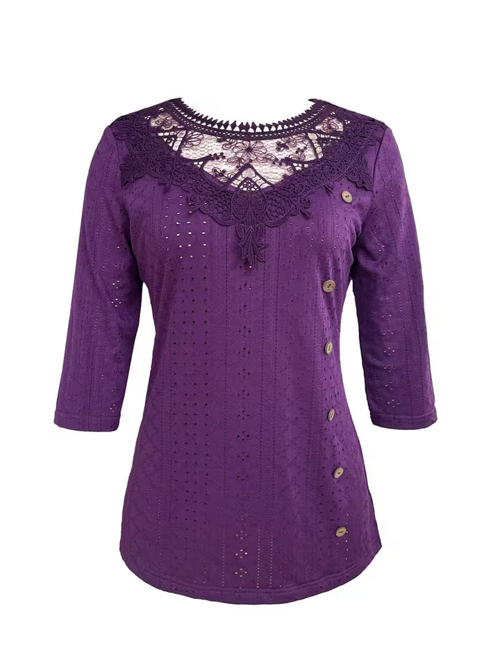 Leyana Top with Contrasting Lace Decoration and Buttons, view 3 - Elena Harper