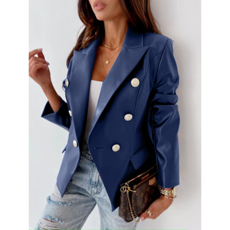 Women's Long Sleeve Double-Breasted Synthetic Leather Blazer – Chic, Elegant, Casual, and Dressy Style