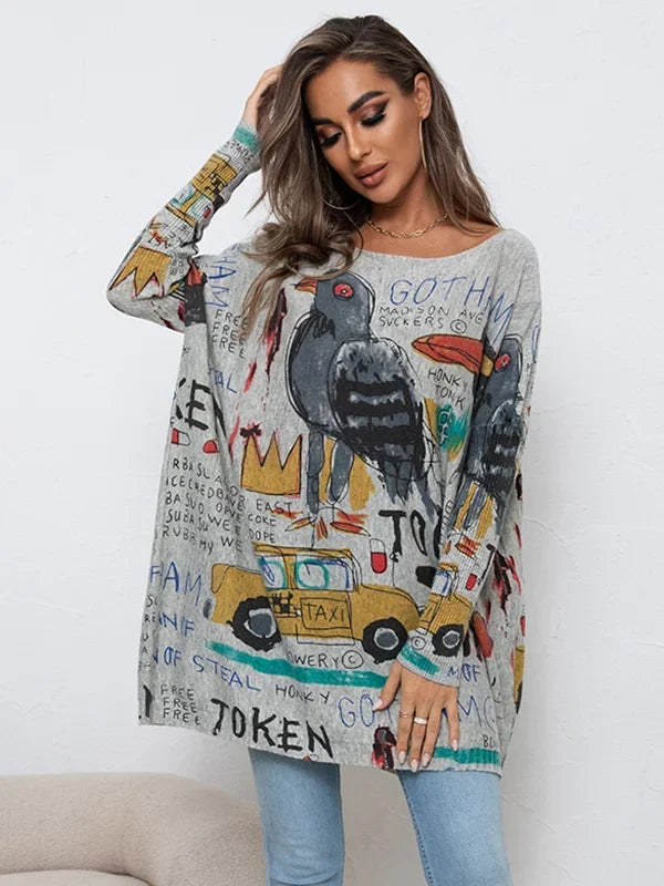 Lunisse Knitted Sweater with Artistic Cartoon Print - Elena Harper