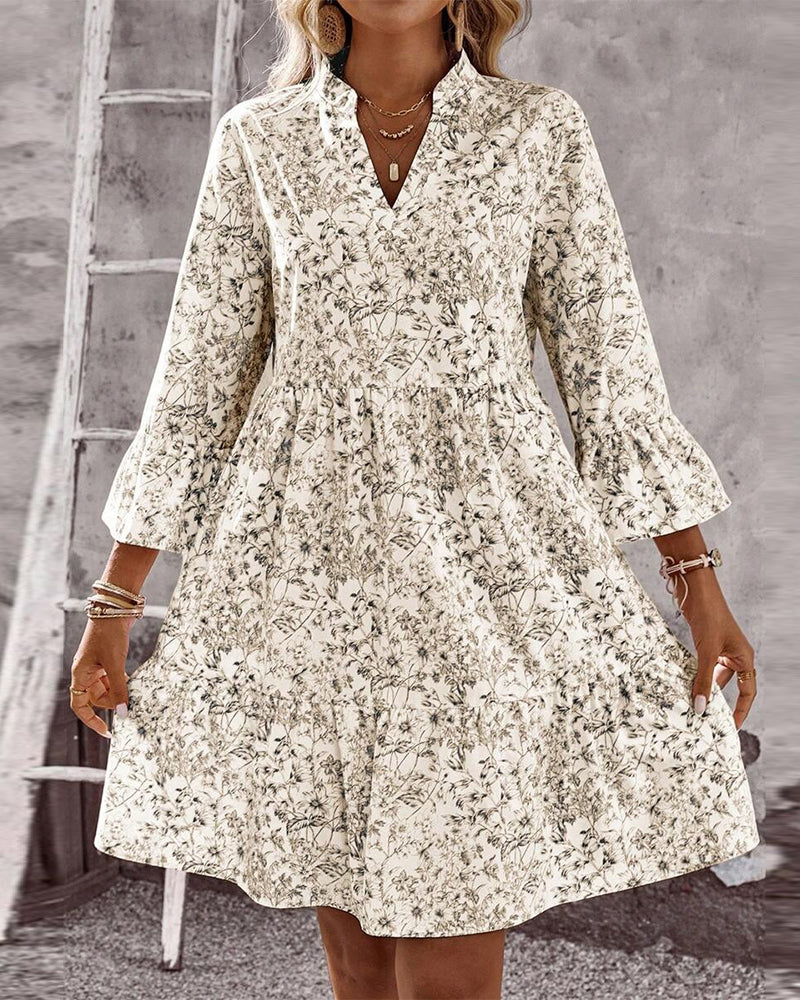 Spring Women's A-Line Dress with High Neck, Ruffled Sleeves, Floral Print, view 4 - Elena Harper