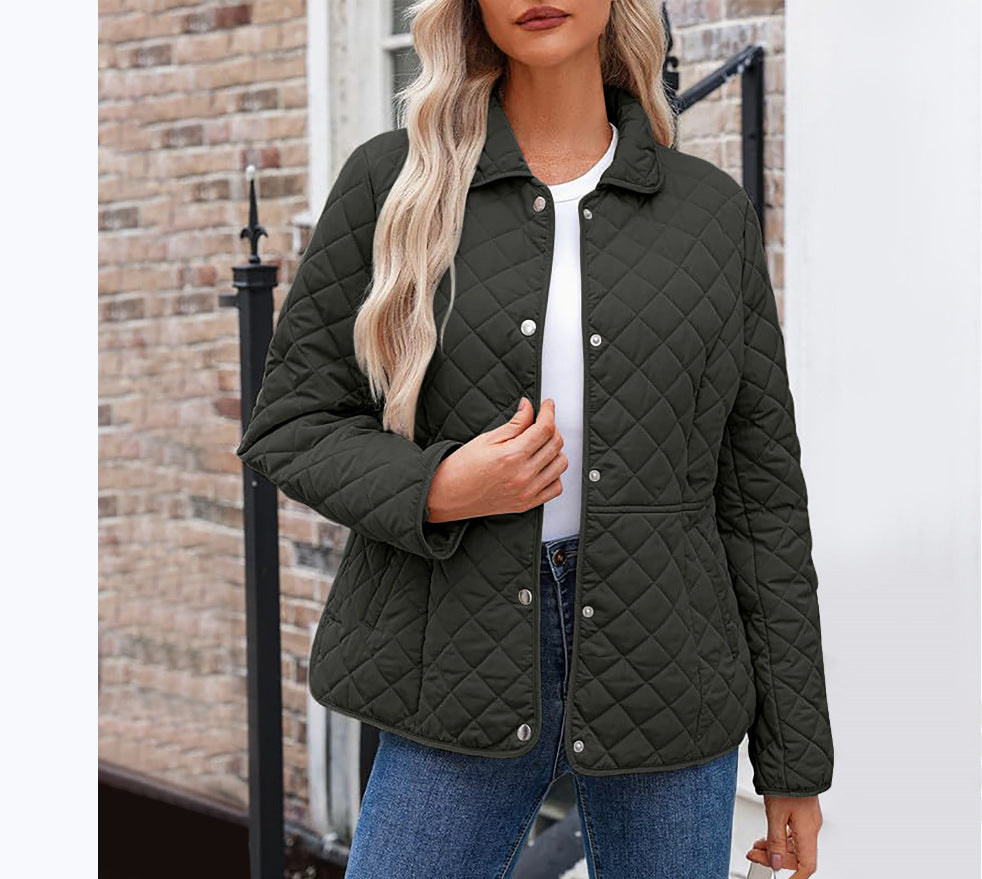 Women's Solid Quilted Jacket – Casual Style with Warm Notched Collar