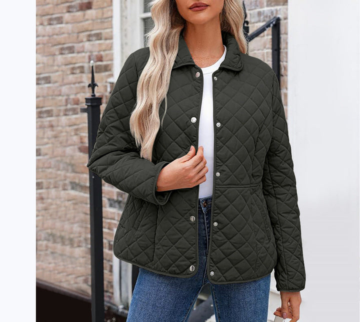 Women's Solid Quilted Jacket – Casual Style with Warm Notched Collar