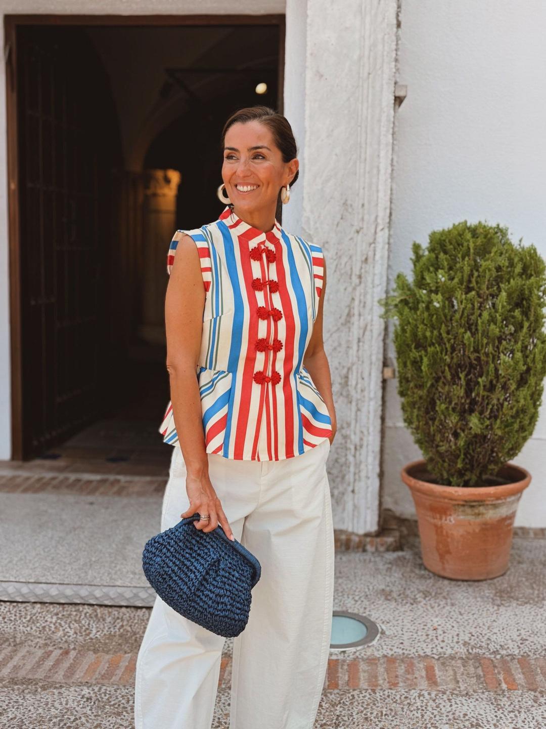 Red Blue White Stripe Mandarin Collar Vest Top