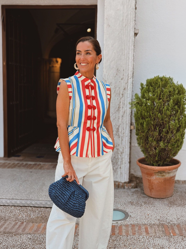 Red Blue White Stripe Mandarin Collar Vest Top