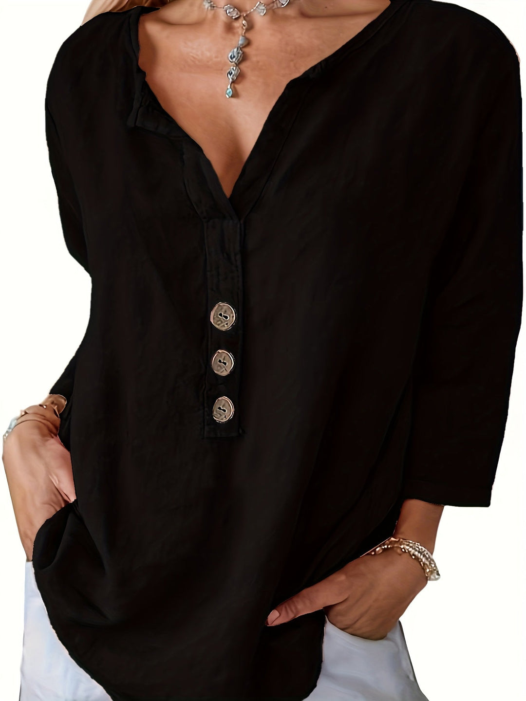 Harper™ - Relaxed V-Neck Blouse with Buttons