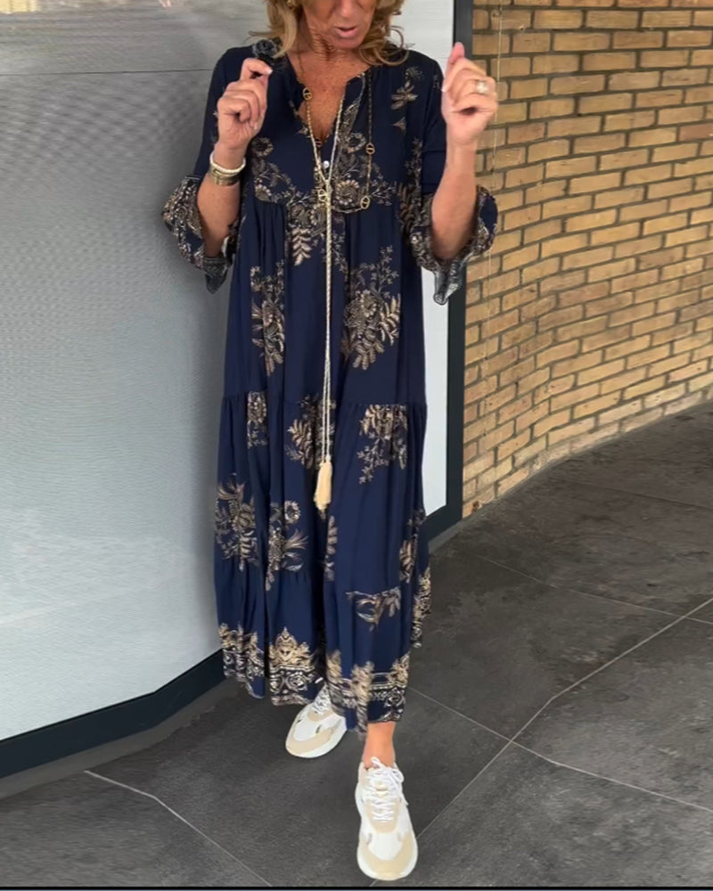 Nora Vintage Loose V-Neck Midi Dress - Elena Harper