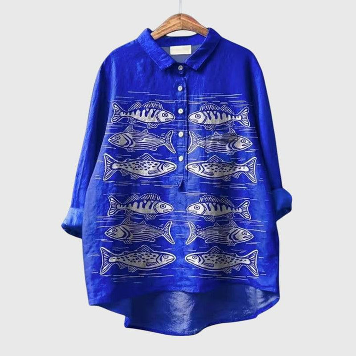 Elegant Lumi™ blouse by Emma & Rose Cape Town, featuring lightweight fabric and classic design, shown in a stylish, flowing fit.
