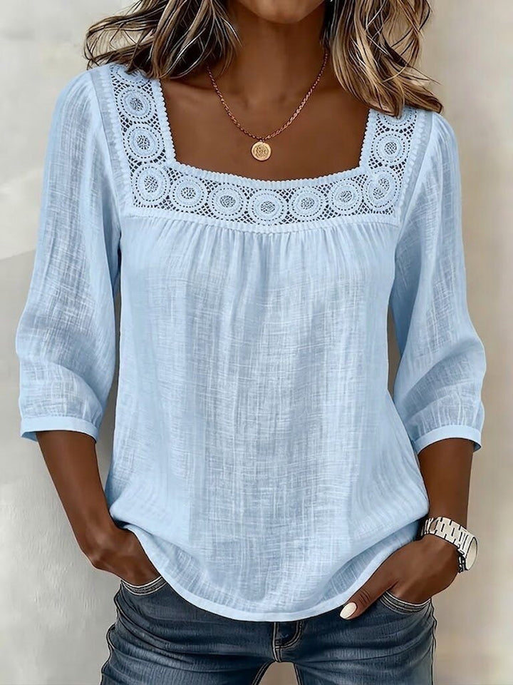 Women's Cotton and Linen Blouse with Square Neckline and Refined Lace