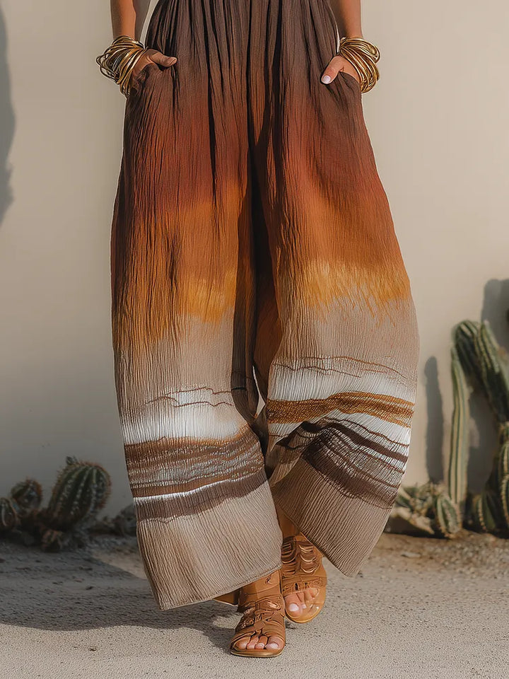 Retro Vacation-Style Sleeveless Sunset-Hued Print Wide-Leg Jumpsuit