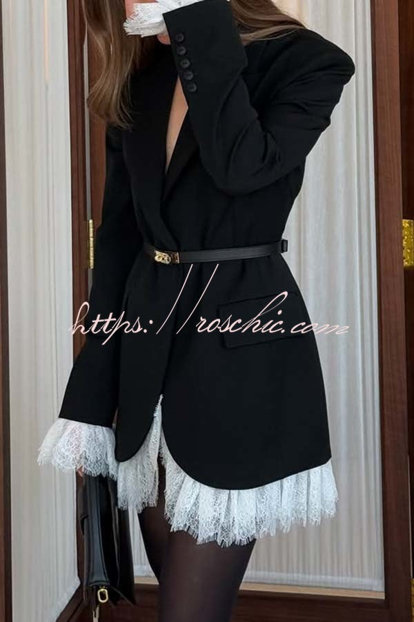 Cue The Chic Lace Trim Button Long Sleeve Lapel Blazer Mini Dress