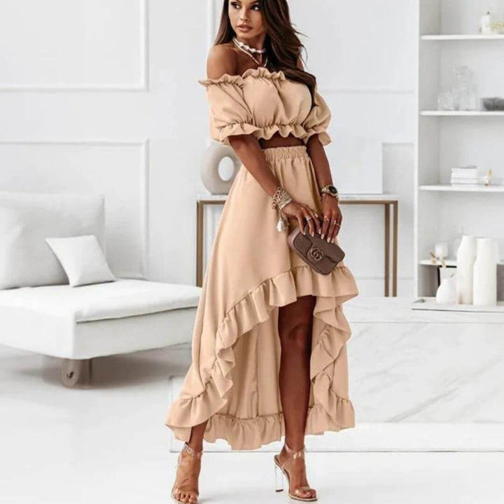 Women's Off-Shoulder Frill Crop Top & High-Low Skirt Set, view 2 - Elena Harper