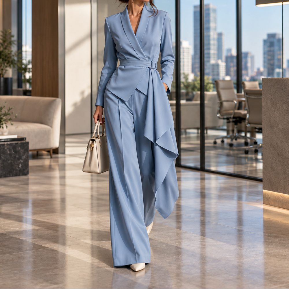 Drapevera Buckle-Belted Wrap Blazer And Wide-Leg Trouser Set - Elena Harper