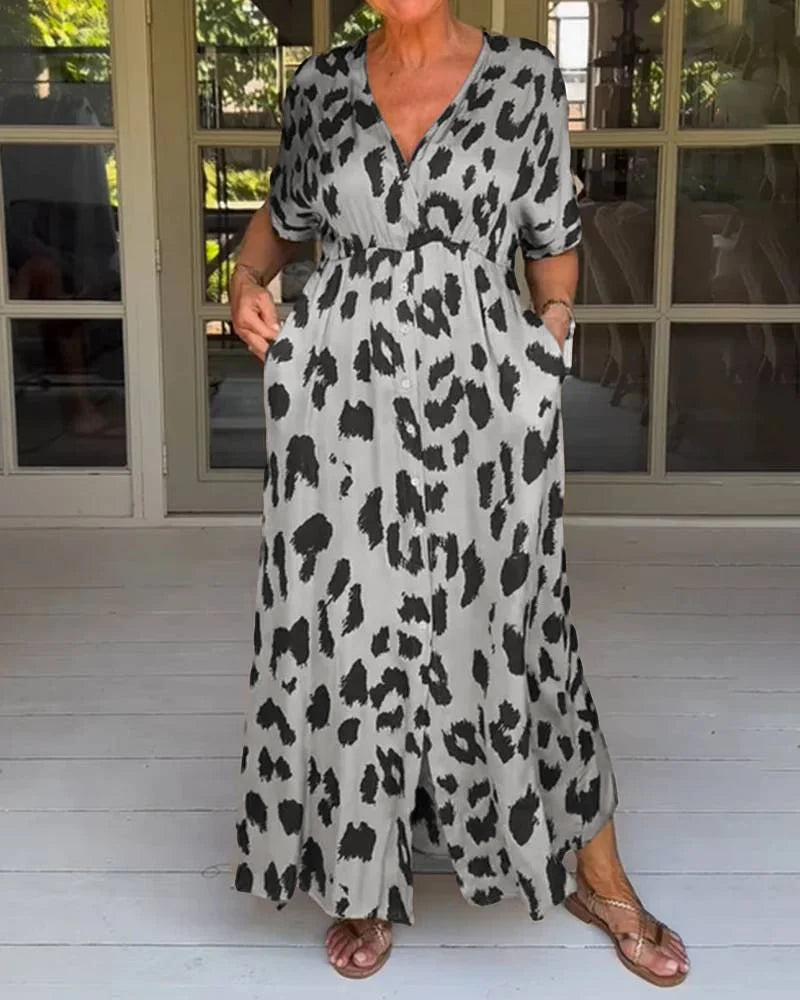 Women's Flowy V-Neck Leopard Print Maxi Dress