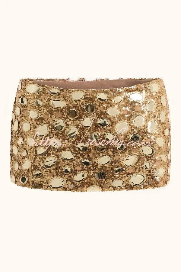 Uniquely Radiant Gold Sequin "mirror" Fabric Mid Rise Mini Skirt