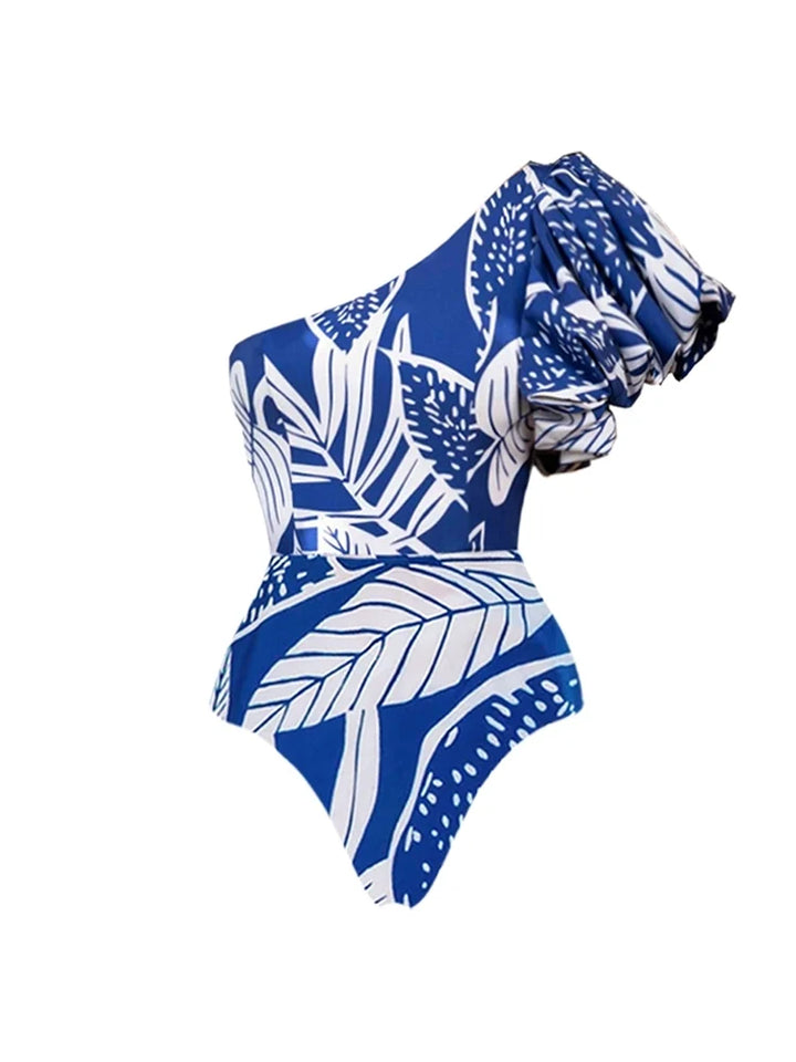 One-Shoulder Ruffle Floral Swimsuit Set, view 5 - Elena Harper