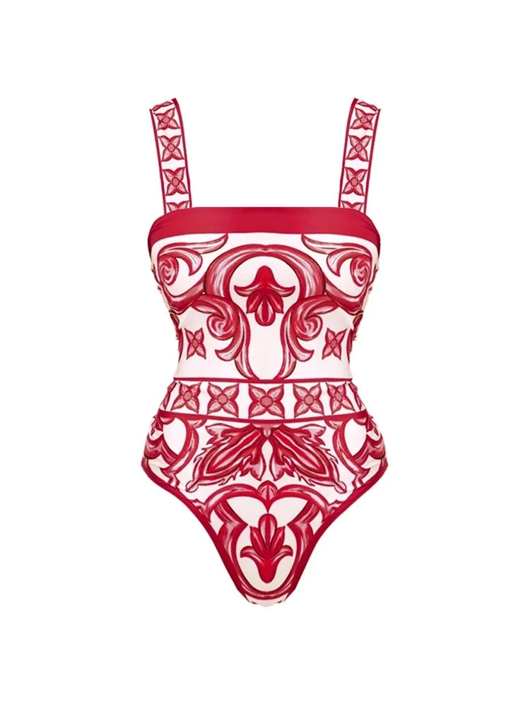 Ethnic Print One-Piece Swimsuit Set